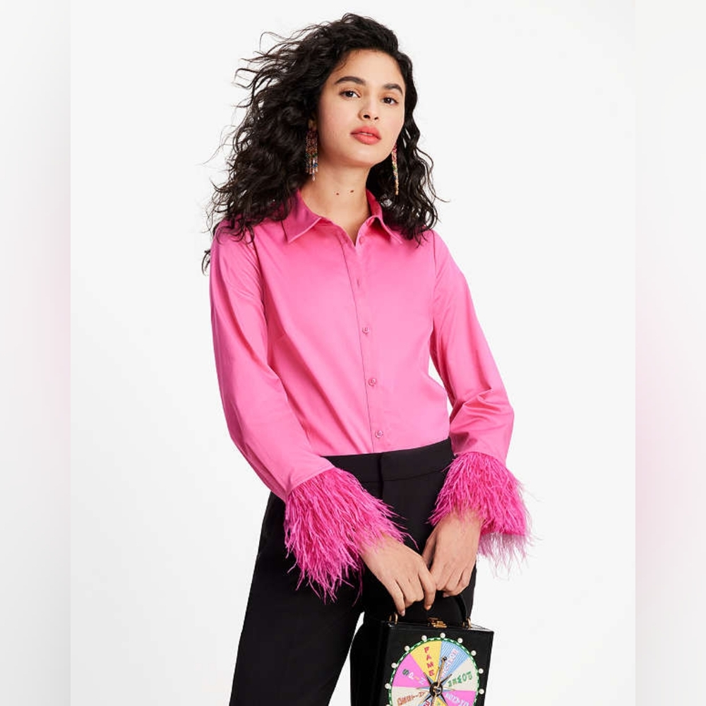 Feather Trim  Poplin Shirt in Vivid Snapdragon